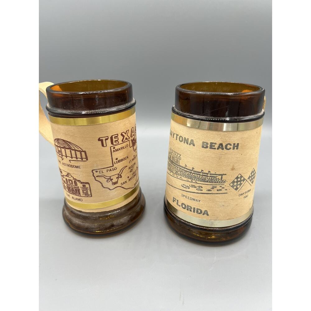 Vintage Amber Glass Mug Set 2 Texas Daytona Beach Souvenir Cups